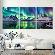 3pcs Aurora Borealis Mountains Lake Wall Art Canvas Framed 50x70cm