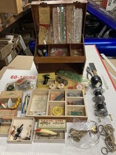 Wood Tackle Box Vintage Wooden Old Lures, reels - 12x10x9 - Hand Made Wooden