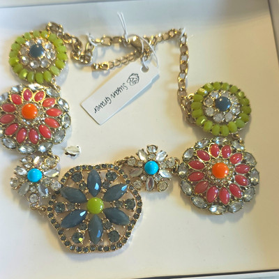 Susan Graver Multicolor Floral Rhinestone Crystal Statement Cable Chain Necklace