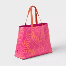 Water Resistant Reversible Tote Bag - Open Story Pink/Coral Palm: Double Handles