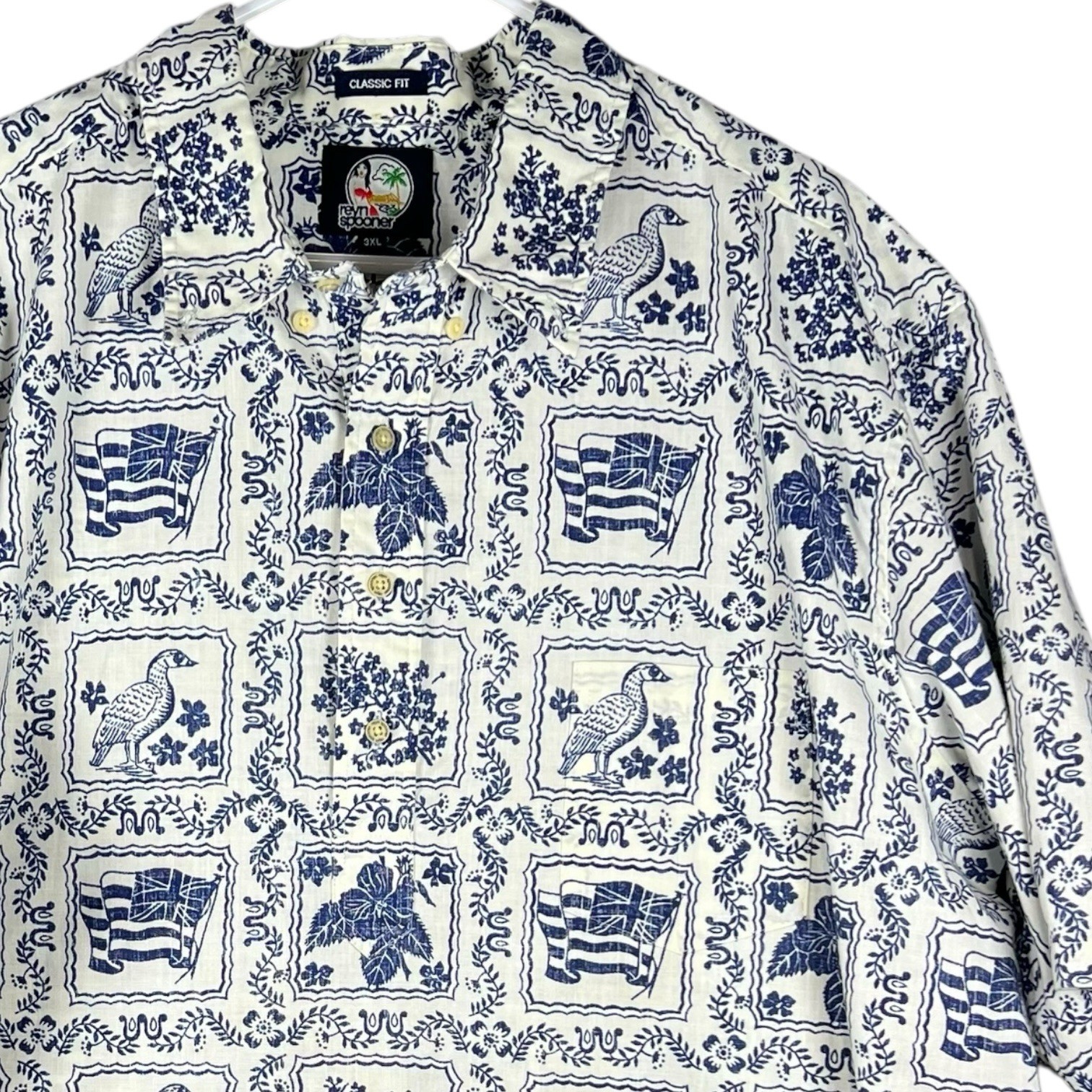 Reyn Spooner Hawaiian Shirt 3XL White Floral Flag Classic Fit Lahaina Sailor