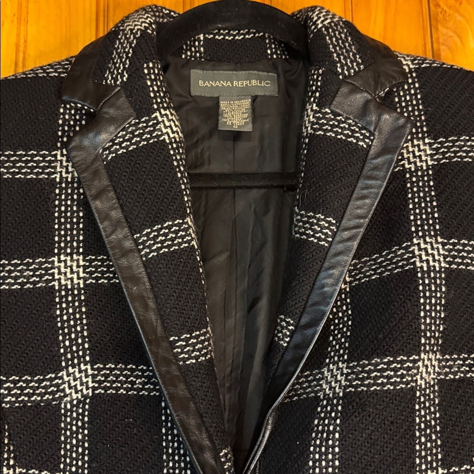 Banana Republic Black and White Wool Checkered Jacket with Faux Leather Trim