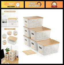 6-Pack Stackable Storage Bins with Bamboo Lids - Plastic Organizer Baskets for P
