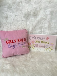 Y2K Lot Of 2 Girls Room Decor Mini Pillow And Wall Art “Girls Rule”