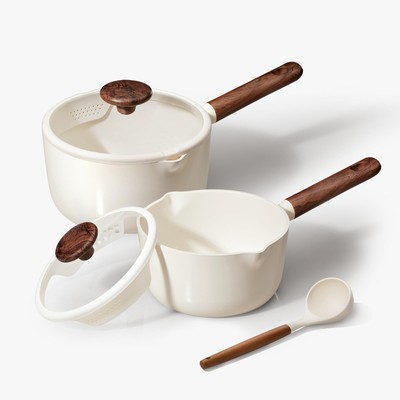 CAROTE 2QT & 3QT Sauce Pan Sets with Lid & Ladle Ceramic Nonstick Pot Set Non...