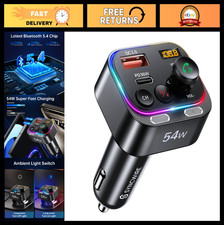 Bluetooth 5.4 FM Transmitter Car Adapter 54W Dual Mics, HiFi Bass, Fast Chargi