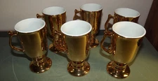6 pc Vtg Hall Golden Glo Mugs w/Handles-22Kt Gold Plated Over Ceramic#1272-5.75"