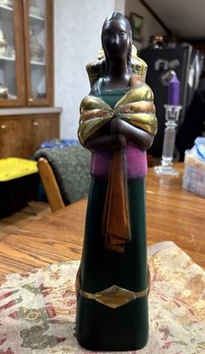 Mexican Folk Art  Ceramic Woman Figurine Green Gold Brown Pink Glossy Sculpture 