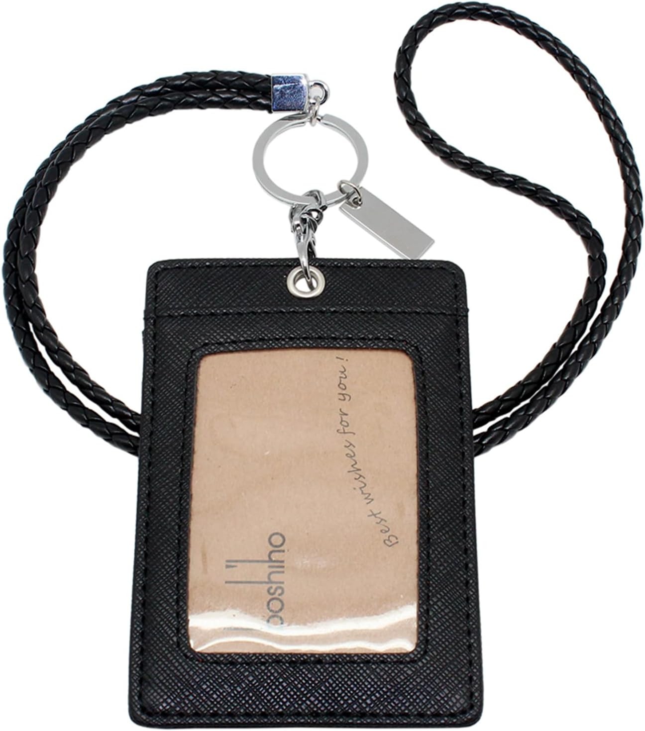 Boshiho Vertical Style Leather ID Card 4.5 x 3.1 inch, Black With Keychain 