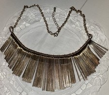 Vintage Gold Tone Fringe Necklace Textured Chain Bib Statement 9.75  Boho Chic