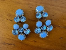Large Vintage Signed SCHREINER Blue Glass Cabochon Rhinestone Earrings Clip