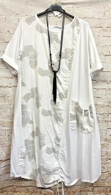 Moonshine Fashion Leinen Tunika Kleid Print Lagenlook Übergröße 48 50 52 Neu wei