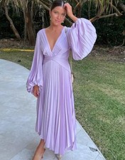 ACLER Dress Size 12 AU 8 US Palms Pleat Lilac Purple Long Sleeve V Neck Maxi