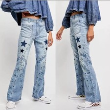 We The Free People Sz 25 Delphine Heavily Embroidered Flare Jeans Stars Flowers