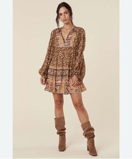 SPELL & THE GYPSY COLLECTIVE Madame Peacock Brown Mini Play Dress Size XXS SP17