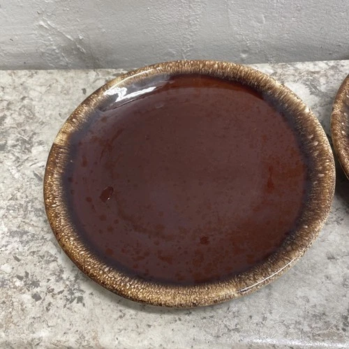 Vtg  MCM Hull Pottery Brown Drip 10 1/2" Plates Set of 4 Oven Proof USA Nice