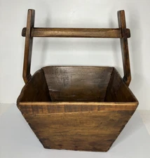 Antique Primitive Wooden Chinese Rice Grain Basket Large Bucket Rustic 