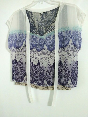 Cabi Double Semi Sheer Sleeveless Blouse Top Geometric Medium Tie Purple Blue - Picture 6 of 12