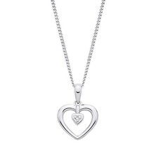 Sterling Silver 925 Natural Diamond Love Heart Pendant Necklace Rhodium Finish