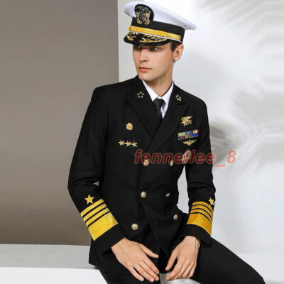 admiral dress blues U.S. Navy Admiral Captain Officer Uniform Double-breasted Jacket Pants Suit