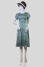 Women Mango Silk Short Sleeves and High Waist Line Dress in Green Flower Print
