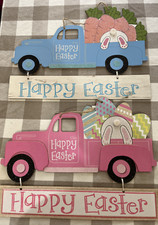  2 GLITTERY EASTER BUNNY   Truck MDF Wall Decor SIGNS 10" H x 13.5" W Cute 