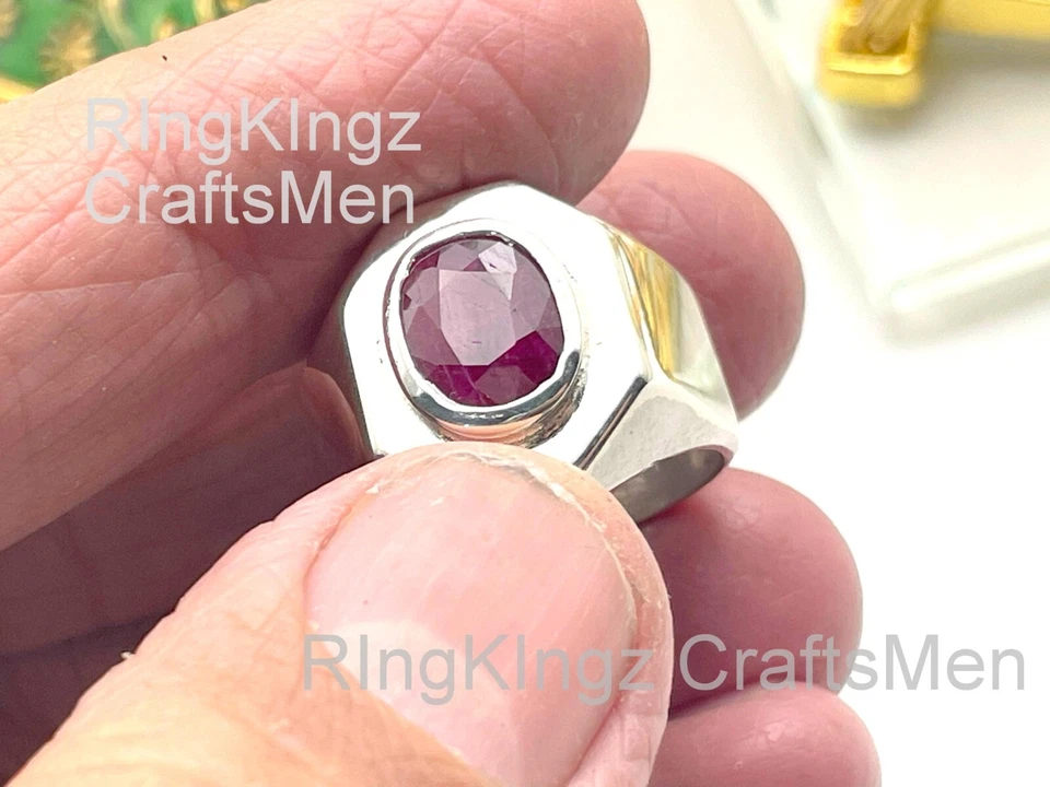 Sterling Silver Ruby Ring for Men Oval Red Gemstone Signet Ring Handmade Jewelry - Image 4 of 4