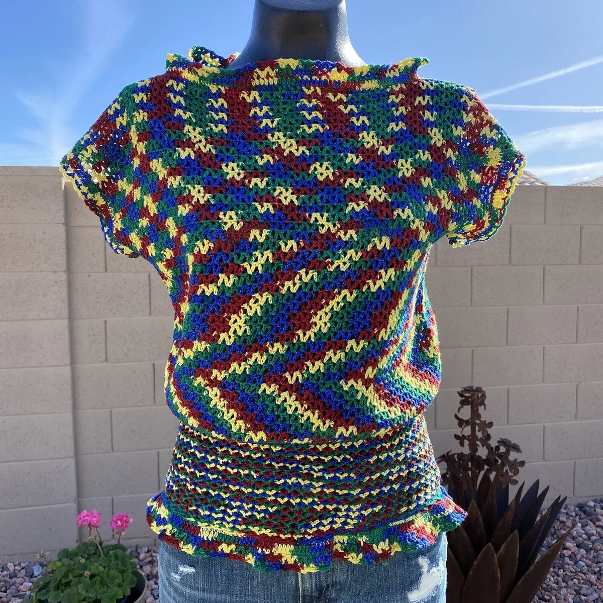 Handmade multi Colored Knit Crochet blouse top fits S M Womans
