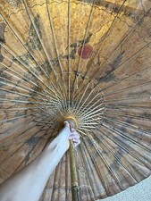 Vintage Parasol Hand Made Painted Umbrella Rice Paper Bamboo Oriental Japanese