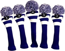 Majek Golf White and Blue Fairway Wood Head Covers 1 3 4 5 7 Set Knit Retro Pom