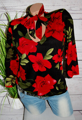 FASHION BUG Schluppenbluse Bluse Schluppe Schleife Blumen schwarz rot grün Gr. S