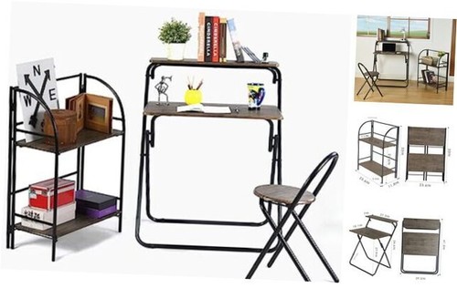 Folding Home Office Desk & Chair & Storage Shelf Sets, No Assembly Required -