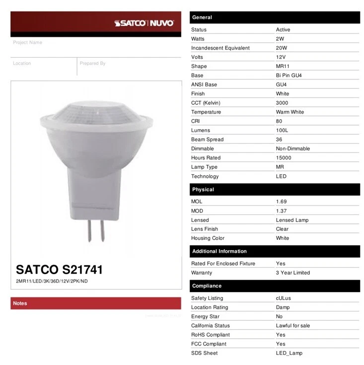 Satco S21741 12V 100 lm. GU4 Clear Soft White MR11 Floodlight LED Bulb 2W 20V - Image 3 of 3