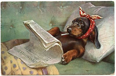 ILLUSTRATOR C.REICHERT.DACHSHUND.MAL AUX TEETH.CIGARETTE.TOBACCO.DOG