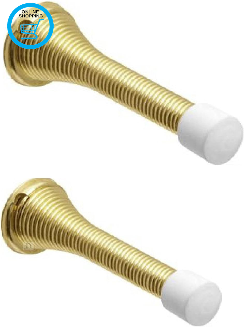 5 X Brass Spring Door Stop Stops Stopper Gold Doorstop Inc Fixings & Screws