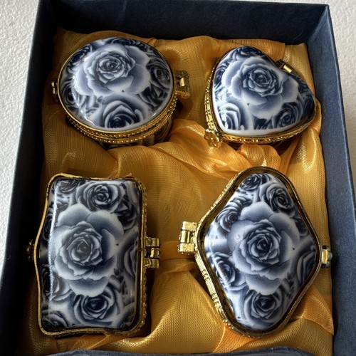 Blue Rose Floral Enamel Metal Hinged Mini Trinket/Pill Box Set, 4pc