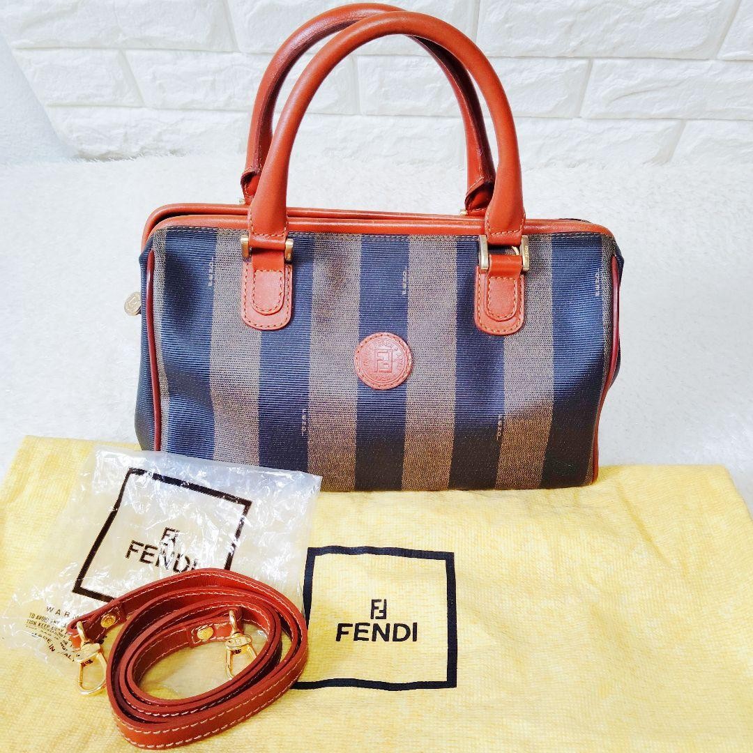 FENDI Vintage Pecan Mini Boston Hand Bag 2Way Shoulder PVC Leather Brown Stripe