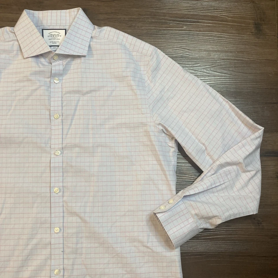 Camisa de Vestir CHARLES TYRWHITT 17/36 Calce Extra Ajustado Puño Francés Azul Rosa Rayas Foto 4 de 4