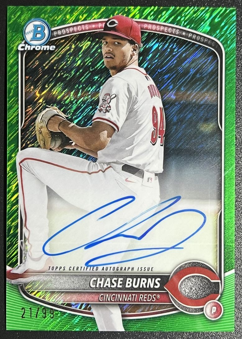 2025 Bowman Chrome Green Shimmer Chase Burns RC Auto /99 Cincinnati Reds #CPA-CB
