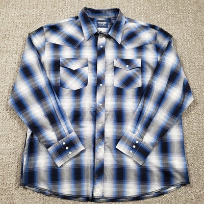Wrangler Shirt Mens 2XL Blue Shadow Plaid Western Snap Button Cowboy