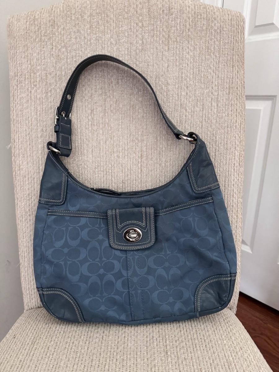 Coach Hampton Signature Shoulder Hobo Bag Blue Monogram Canvas