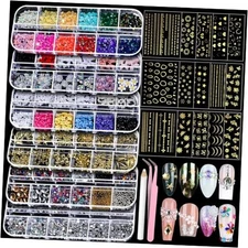  Nail Charms Nail Art Kit with 15 Sheets Gold Nail Stickers, 6 Boxes of Nail 
