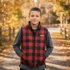 Buffalo David Bitton Vest Boys Medium 10/12 Red Black Plaid Reversible Sherpa