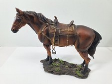Horse Figure Sculpture Dark Chestnut Stallion Blanket Saddle & Stir Ups Resin