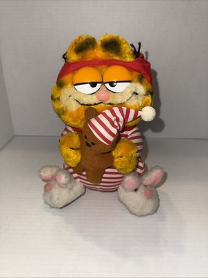 Vintage Dakin Garfield Plush Toy In Pajamas w/ Bunny Slippers, Cap & Pookie