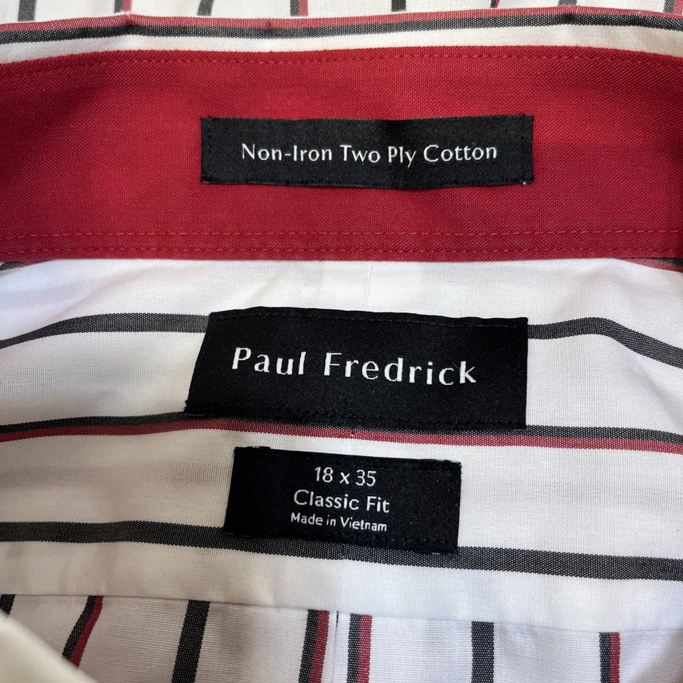 Paul Fredrick Shirt Mens Size 18x35 White Red Stripe Classic Fit Non-Iron Cotton - Image 3 of 4