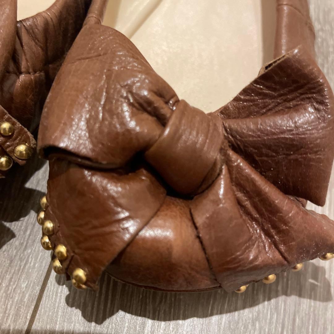 PRADA Women's Pumps Ribbon Flats Size:38/JP:24 Leather Brown 135143K Authentic thumbnail 8