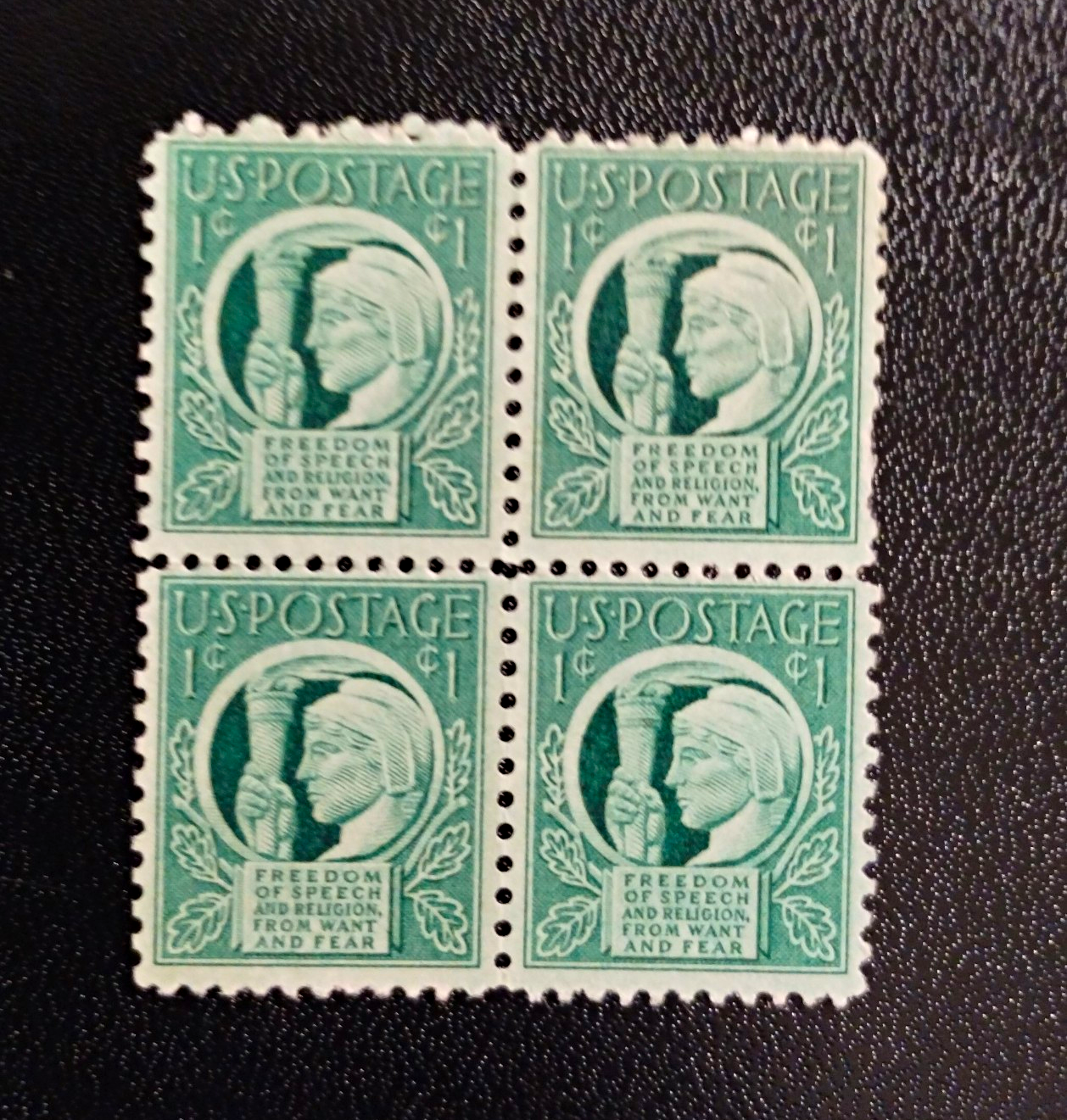 United States Four Freedoms 1¢ Green Plate Block of 4 MNH Ungraded