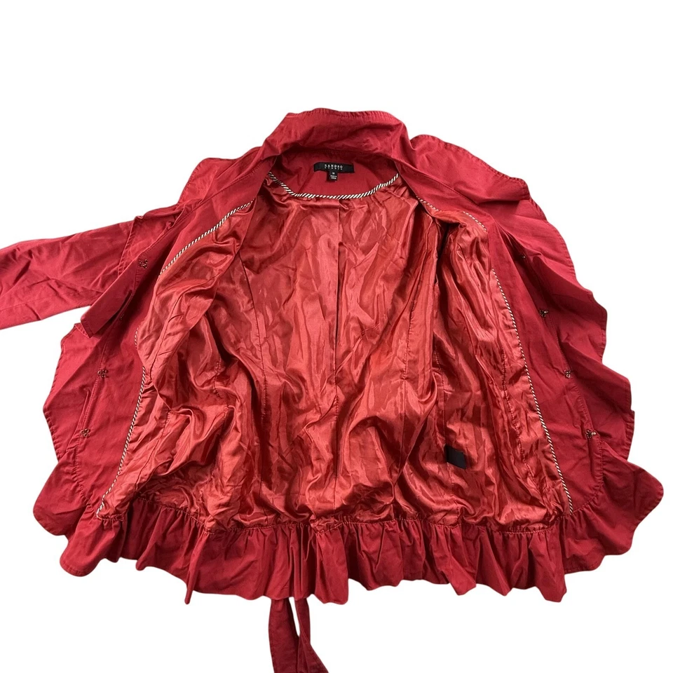 Chaqueta Sandro Studio Mujer Mediana Roja Volantes Corbata Cintura Manga Larga Forrada Blazer Foto 3 de 4