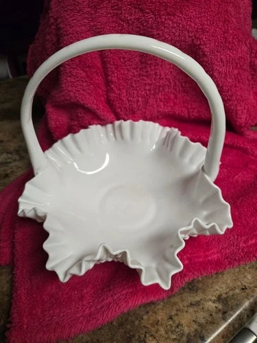 Large Vintage Fenton White Milk Glass Hobnail Handled Basket